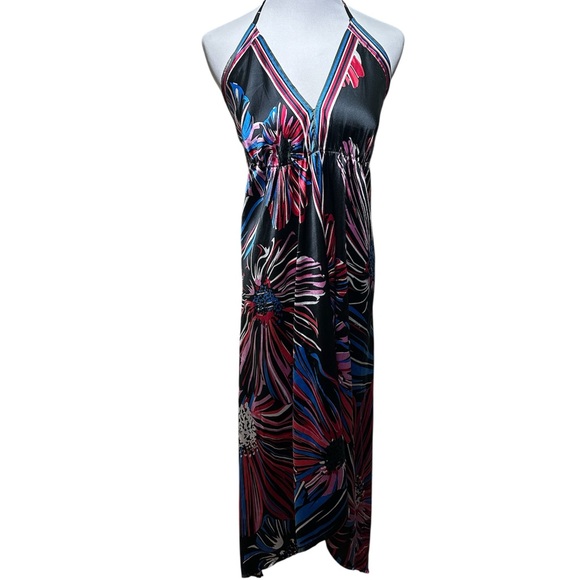 NWOT Festival V Neck  Asymmetrical Floral Fireworks Halter Satin Fairy Dress  8 - Picture 1 of 5